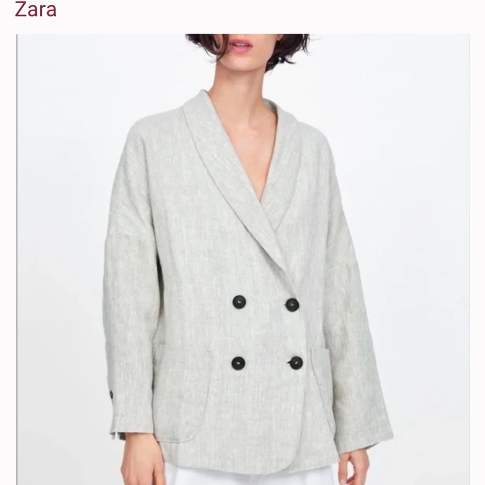 Zara Light Gray Double-Breasted Linen Blazer